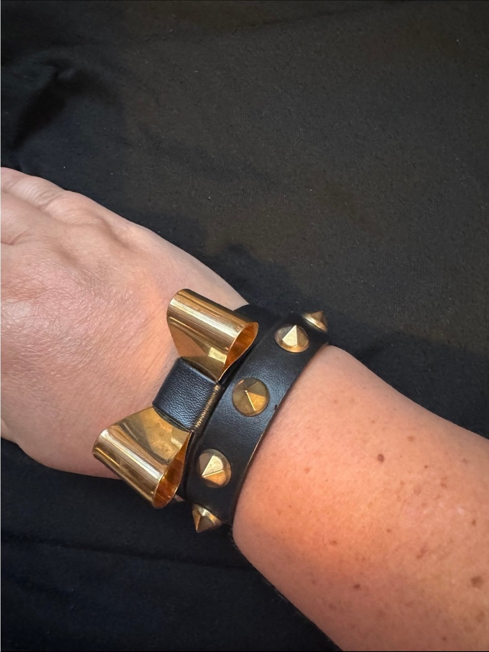 Vintage Rockstud Double wrap leather Bracelet with gold metal bow cuff